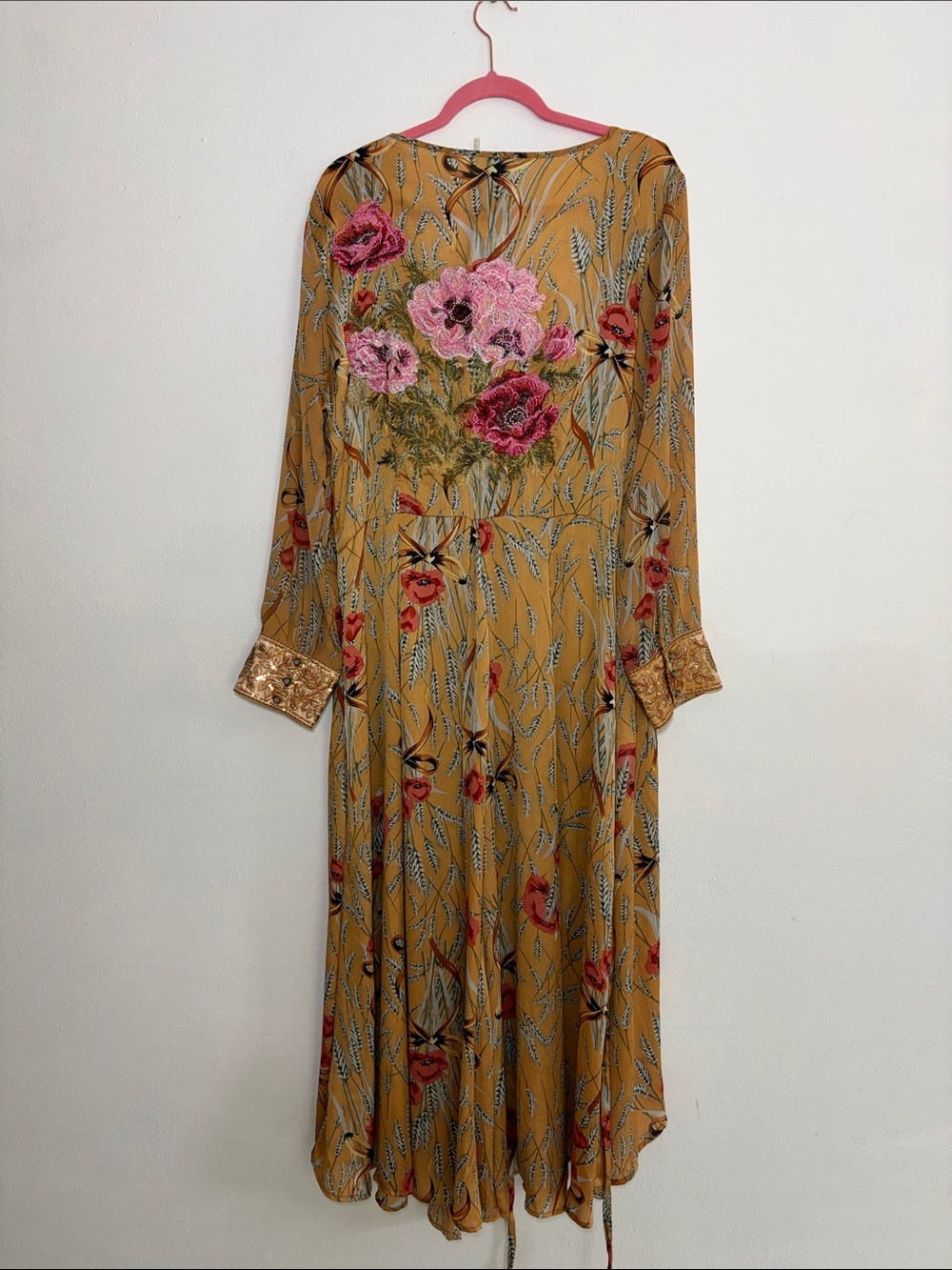Aratta Mustard Floral Embroidered Robe with Pink and golden Accents